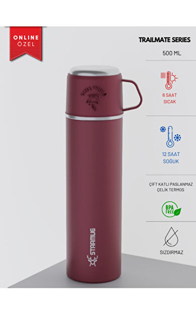 Star Termos Trailmate Bardaklı Paslanmaz Çelik Termos 500 ml BORDO | Sızdırmaz Kapak, 8 Saat Sıcak &amp; Soğuk