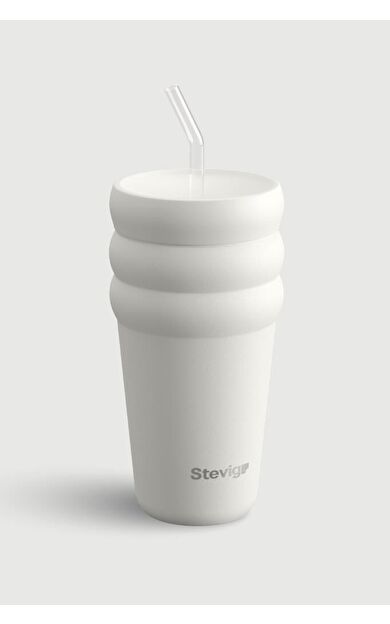 Stevig 3 Bubble Two-Cap Straw Tumbler Çelik Termos 600 ML White Stone ST-249