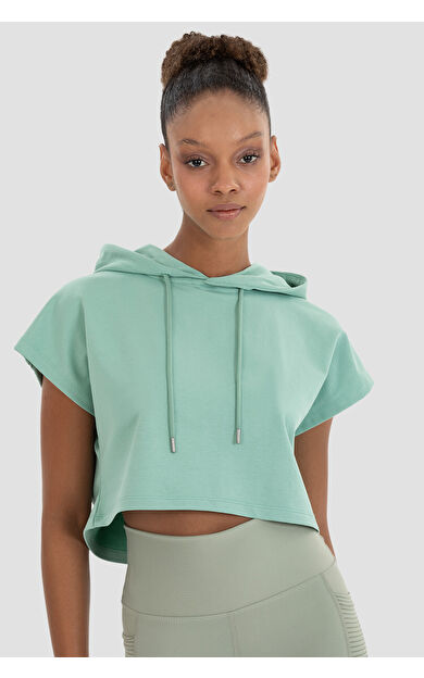 SUPERSTACY Superstacy Alice Kapüşonlu Kısa Kollu Açık Yeşil Crop Sweatshirt