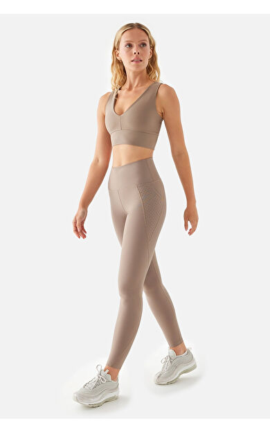 Superstacy Peggy Yüksek Bel File Cepli Taş Rengi Spor Tayt