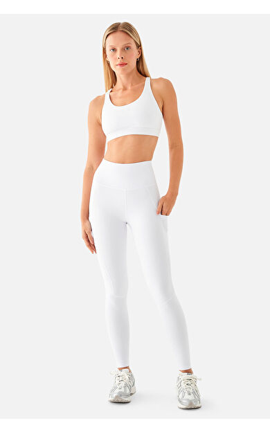 Superstacy Yüksek Bel Cepli Beyaz Spor Tayt