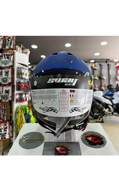 Sway 715 Şeffaf Vizörlü Yarım Motosiklet Scooter Kaskı M Beden Solid Metalic Blue