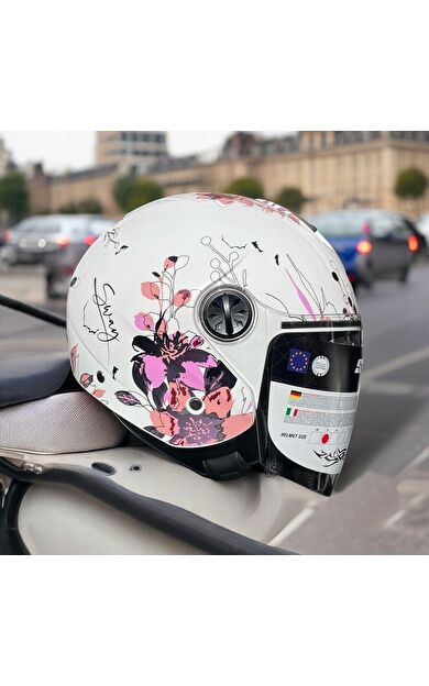 Sway 715 Şeffaf Vizörlü Yarım Motosiklet Scooter Kaskı XS Beden Iris White Pink