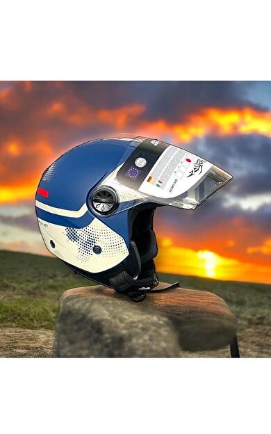 Sway 715 Şeffaf Vizörlü Yarım Motosiklet Scooter Kaskı XL Beden Blue Beıge