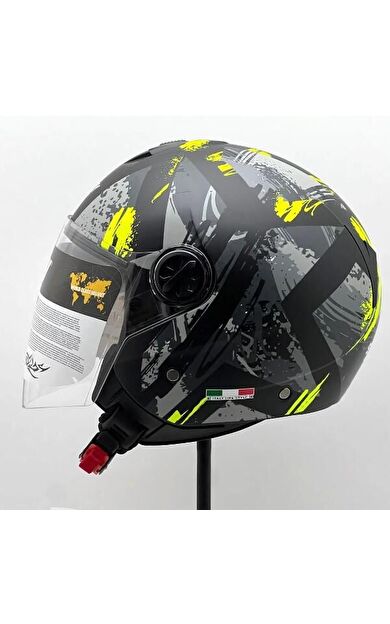 Sway 715 Şeffaf Vizörlü Yarım Motosiklet Scooter Kaskı XL Beden Poison Black Grey Yellow