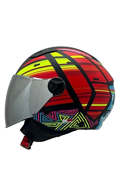 Sway 765 Colourful Çenesiz Aynalı Güneş Vizörlü Açık Motosiklet Kaskı M Beden Siyah Kırmızı