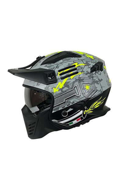 Sway X2 Tokyo Trooper Modüler Full Face Çene Sökülebilen Motosiklet Kaskı L Beden Gri Sarı