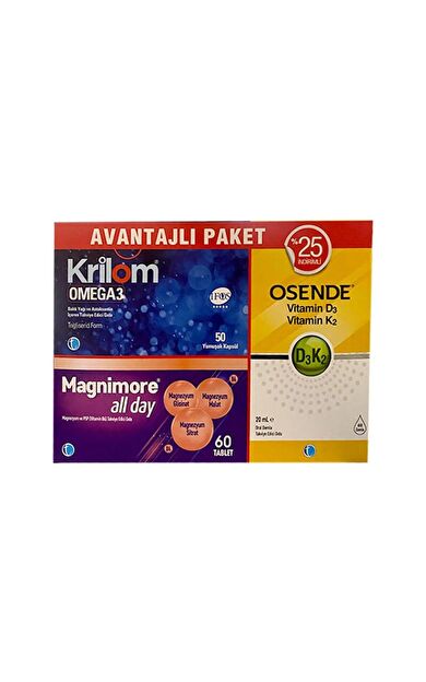 Krilom Omega3 50 Kapsül+ Magnimore Allday 60 Tablet + Osende D3k2 20 ml Avantajlı Paket