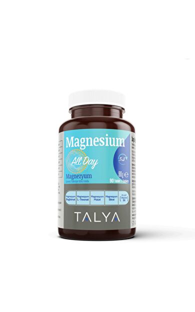 Talya Bitkisel MAGNESIUM ALL DAY | Magnezyum Bisglisinat,Magnezyum L-Treonat,Magnezyum Malat,Magnezyum Sitrat Ve Vitamin B6 İçeren Takviye Edici Gıda - 90 Tablet