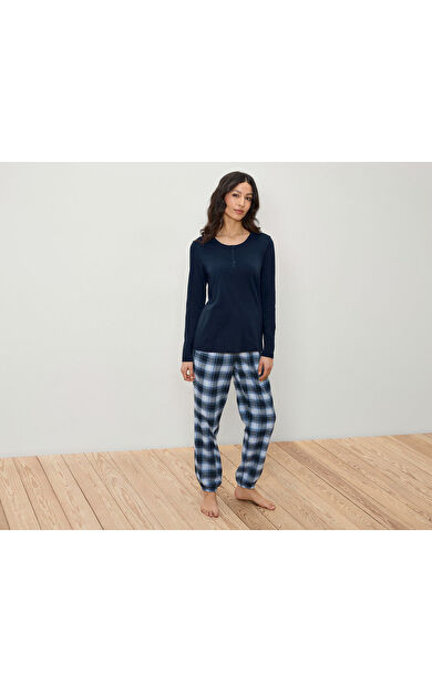 Kadın Pijama, Flanel, Mavi, 32/34