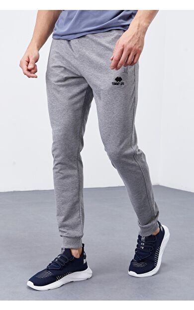 TommyLife Gri Melanj Fermuar Cepli Dar Kalıp  Jogger Erkek Eşofman Alt - 84343
