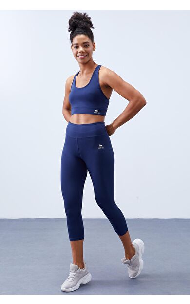 TommyLife İndigo Yüksek Bel Toparlayıcı Çapraz Sırt Detaylı Slim Fit Kadın Tayt Takım - 95283