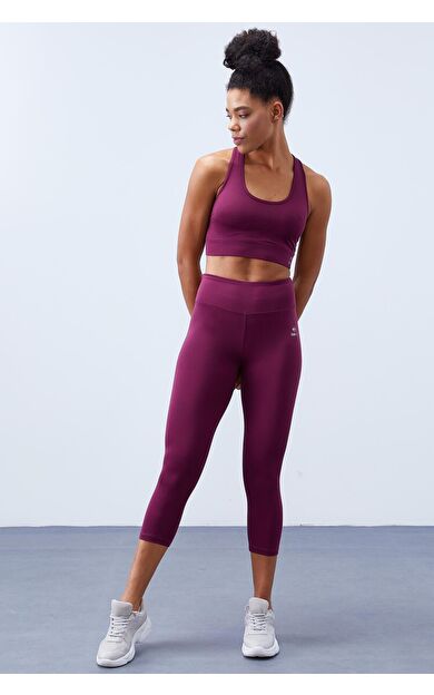 TommyLife Bordo Yüksek Bel Toparlayıcı Çapraz Sırt Detaylı Slim Fit Kadın Tayt Takım - 95283