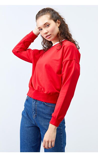 TommyLife Kırmızı Basic Rahat Form O Yaka Kadın Sweatshirt - 97114