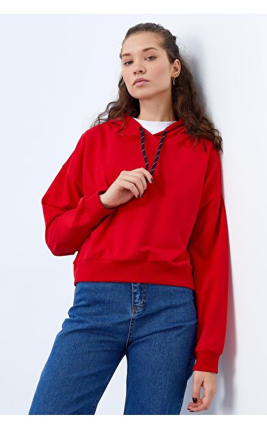 TommyLife Kırmızı Uzun Kol Rahat Form Kapüşonlu Kadın Sweatshirt - 97115