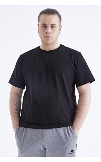 TommyLife Siyah Basic Kısa Kol O Yaka Büyük Beden Erkek T-Shirt - 88072
