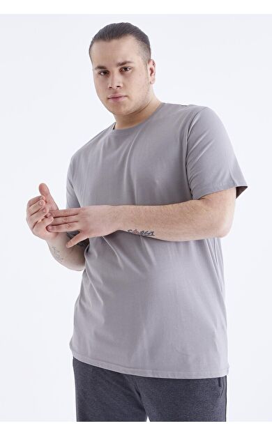 TommyLife Gri Basic Kısa Kol O Yaka Büyük Beden Erkek T-Shirt - 88072