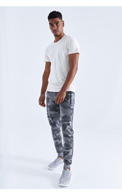 TommyLife Gri Melanj Kamuflaj Desenli Dar Kalıp  Jogger Erkek Eşofman Alt - 84754