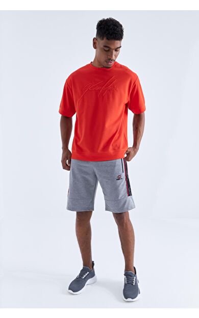 TommyLife Gri Melanj Yan Şeritli Standart Kalıp Erkek Şort - 81148