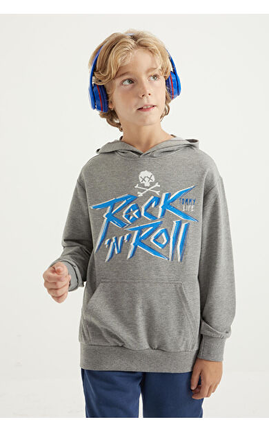 TommyLife Gri Melanj Yazı Baskılı Kanguru Cepli Kapüşonlu Standart Kalıp Erkek Çocuk Sweatshirt - 11002