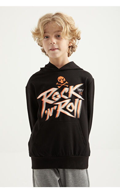 TommyLife Siyah Yazı Baskılı Kanguru Cepli Kapüşonlu Standart Kalıp Erkek Çocuk Sweatshirt - 11002