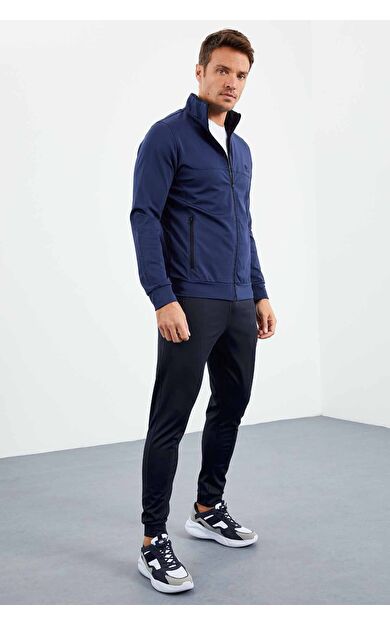 TommyLife İndigo Dik Yaka Fermuarlı Standart Kalıp Manşetli Erkek Eşofman Takım - 85160