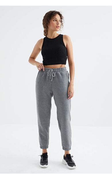TommyLife Gri Melanj Yüksek Bel Basic Bağcıklı Jogger Polar Kadın Eşofman Alt - 94622