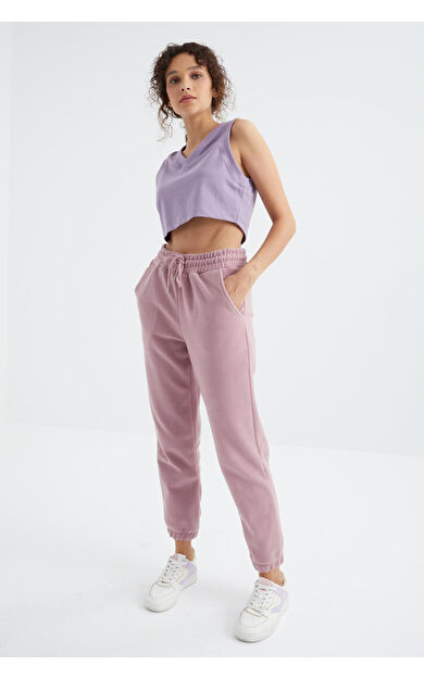 TommyLife Gül Kurusu Yüksek Bel Basic Bağcıklı Jogger Polar Kadın Eşofman Alt - 94622