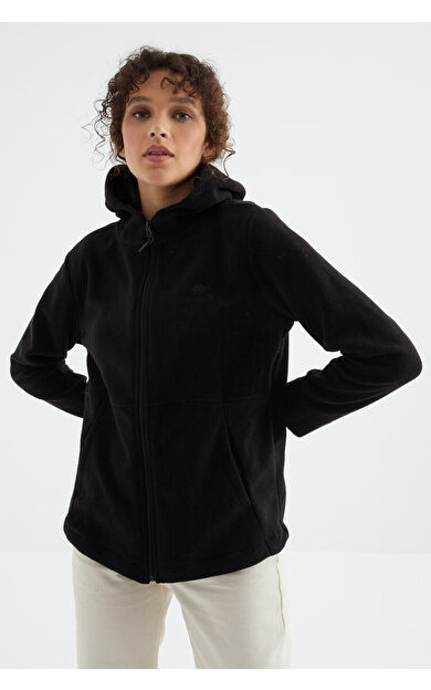 TommyLife Siyah Kapüşonlu Fermuarlı Rahat Form Kadın Polar Sweatshirt - 97233