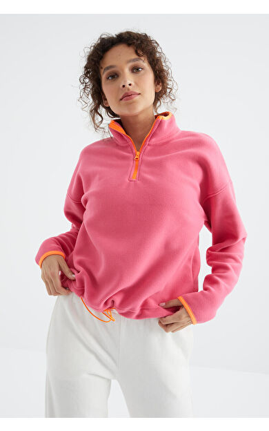 TommyLife Şeker Pembe Yarım Fermuar Etek Ucu Büzgülü Dik Yaka Oversize Kadın Polar Sweatshirt - 97234