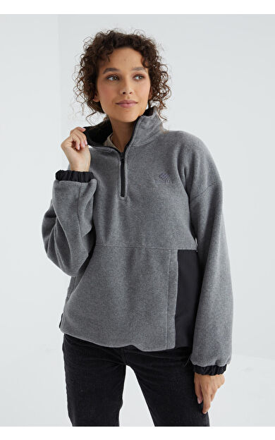 TommyLife Gri Melanj Yarım Fermuar Etek Ucu Büzgülü Dik Yaka  Oversize Kadın Polar Sweatshirt - 97236