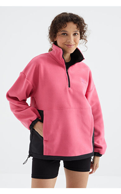 TommyLife Şeker Pembe Yarım Fermuar Etek Ucu Büzgülü Dik Yaka  Oversize Kadın Polar Sweatshirt - 97236
