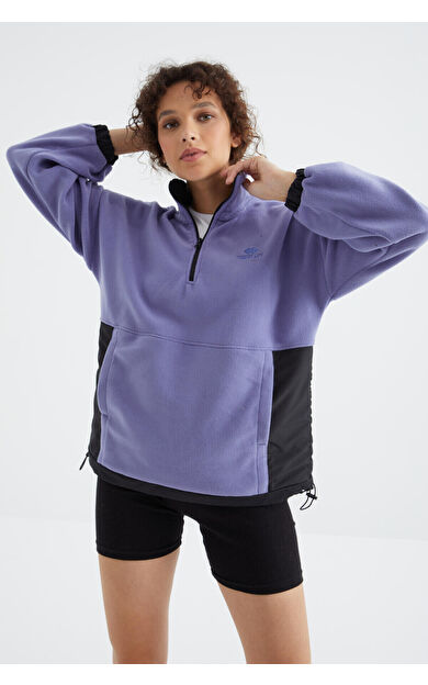 TommyLife Açık Eflatun Yarım Fermuar Etek Ucu Büzgülü Dik Yaka  Oversize Kadın Polar Sweatshirt - 97236