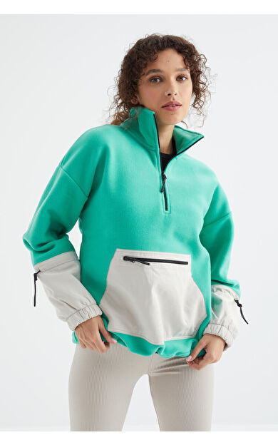 TommyLife Deniz Yeşili Etek Ucu Büzgülü Yarım Fermuarlı Oversize Kadın Polar Sweatshirt - 97238