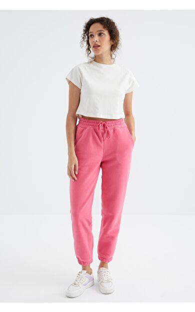 TommyLife Şeker Pembe Yüksek Bel Basic Bağcıklı Jogger Polar Kadın Eşofman Alt - 94622