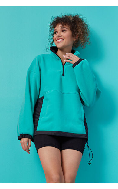 TommyLife Deniz Yeşili Yarım Fermuar Etek Ucu Büzgülü Dik Yaka  Oversize Kadın Polar Sweatshirt - 97236