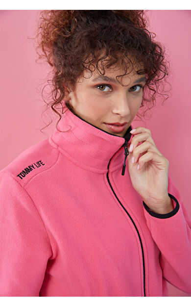 TommyLife Fuşya Dik Yaka Fermuarlı Rahat Form Kadın Polar Sweatshirt - 97173