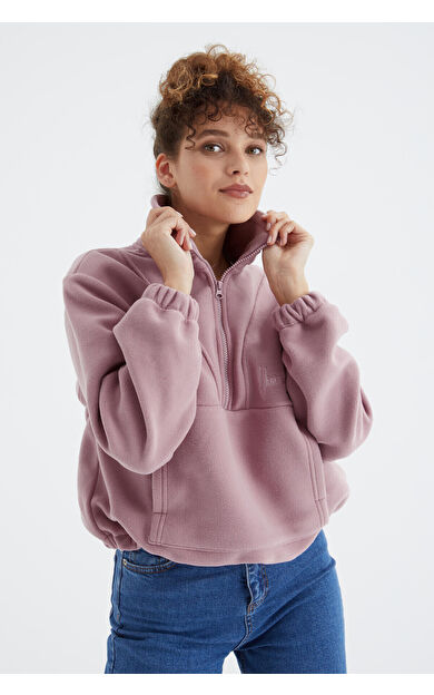 TommyLife Gül Kurusu Yarım Fermuar Etek Ucu Büzgülü Kadın Polar Oversize Sweatshirt - 97171