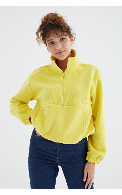 TommyLife Limon Yarım Fermuar Etek Ucu Büzgülü Kadın Polar Oversize Sweatshirt - 97171