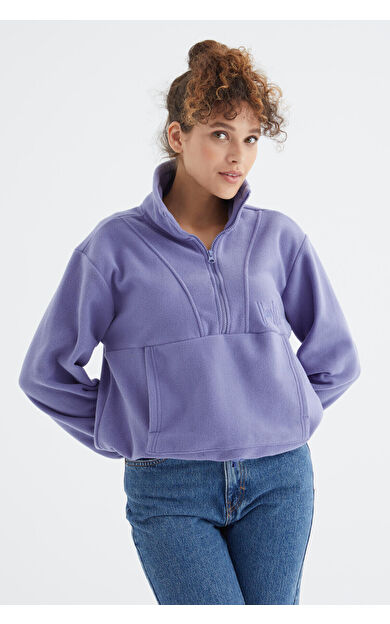 TommyLife Açık Eflatun Yarım Fermuar Etek Ucu Büzgülü Kadın Polar Oversize Sweatshirt - 97171