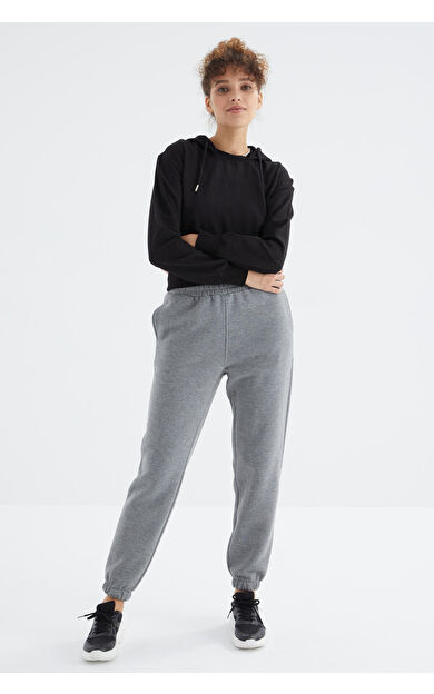 TommyLife Gri Melanj Yüksek Bel Şardonlu 3 İplik Pamuklu Basic Kadın Eşofman Alt - 94624