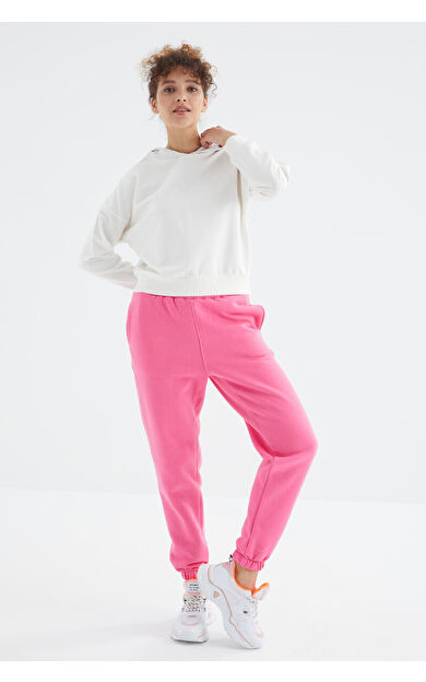 TommyLife Şeker Pembe Yüksek Bel Şardonlu 3 İplik Pamuklu Basic Kadın Eşofman Altı - 94624