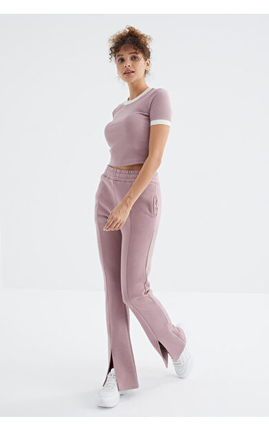 TommyLife Gül Kurusu Yüksek Bel Ön Yırtmaç Detaylı Yan Cepli Rahat Form Kadın Eşofman Alt - 94625