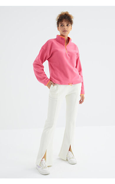 TommyLife Ekru Yüksek Bel Ön Yırtmaç Detaylı Yan Cepli Rahat Form Kadın Eşofman Alt - 94625