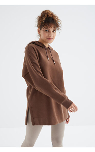 TommyLife Kahverengi Reglan Kol Basic Kapüşonlu Oversize Sweatshirt Tunik - 97242