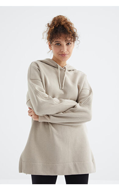TommyLife Koyu Bej Reglan Kol Basic Kapüşonlu Oversize Sweatshirt Tunik - 97242
