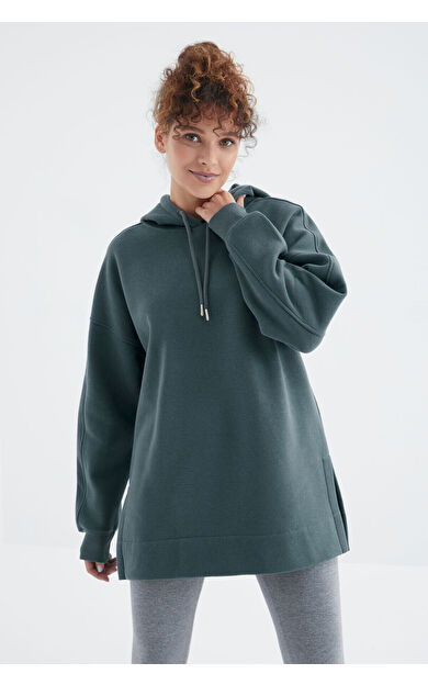 TommyLife Orman Yeşili Reglan Kol Basic Kapüşonlu Oversize Sweatshirt Tunik - 97242