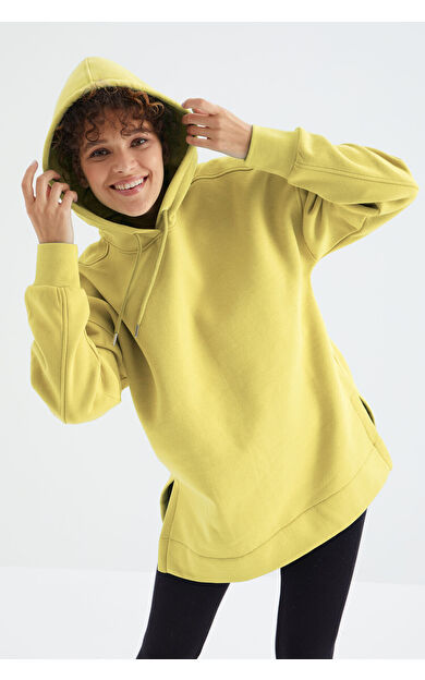 TommyLife Limon Reglan Kol Basic Kapüşonlu Oversize Sweatshirt Tunik - 97242