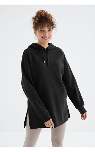 TommyLife Siyah Reglan Kol Basic Kapüşonlu Oversize Sweatshirt Tunik - 97242