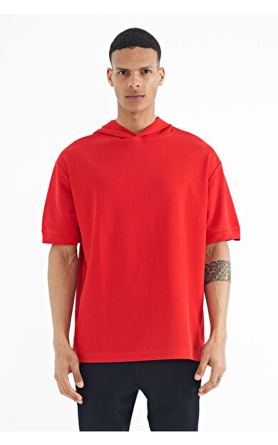 TommyLife Kırmızı Kapüşonlu Kol Etiket Detaylı Oversize Erkek T-shirt - 88179